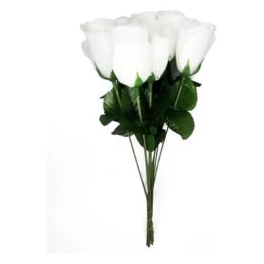 Imagem de Kit 60 Rosas Brancas Artificiais Botão Luxo 32 cm para Arranjos, Festa, Casamento e Decoração