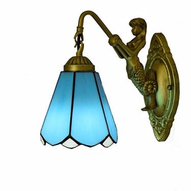 Imagem de Luminária de parede estilo Tiffany de 15 cm (6 polegadas) com vitral azul mediterrâneo, base em formato de deusa, para cabeceira, quarto, corredor ou sala de estar, soquete E27, C