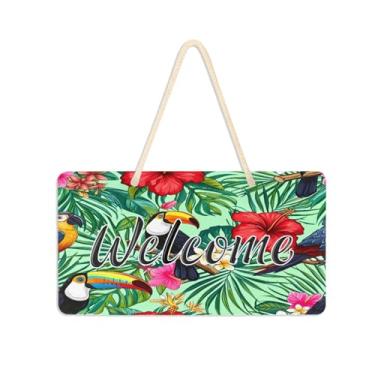 Imagem de Burbuja Placa de boas-vindas de hibisco de tucanos para porta da frente, placa de boas-vindas de PVC para pendurar na parede, decoração de férias, 15 x 28 cm