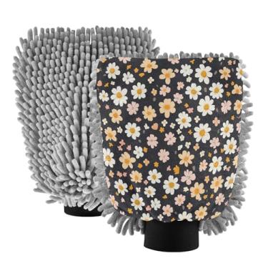Imagem de STAYTOP Lindas luvas de lavagem de carro com pétalas de flores pequenas, 2 peças, luvas de microfibra de chenille, sem arranhões, panos de esponja de lavagem ultra absorventes para carros, limpeza
