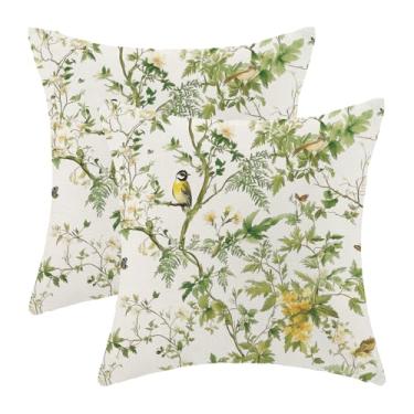 Imagem de QANOK Chinoiserie Capas de travesseiro 45,7 x 45,7 cm, conjunto de 2, capas de almofada verde floral para casa de fazenda, decoração de casa para sofá, sofá ao ar livre