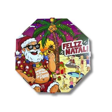 Imagem de Caixa de Pizza 35cm Natal Praia Fundo Branco Premium 50un Caixas Resistentes para Entrega e Festas