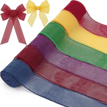 Imagem de Yuefunny 6 rolos de fita com fio rústica de serapilheira colorida com fio total de 30 jardas para guirlanda de Natal, Halloween, outono, laço, artesanato, embrulho, festa, decoração boho (cor elegante