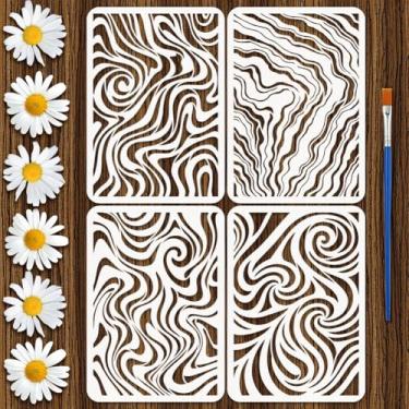 Imagem de FINGERINSPIRE 4 peças de estênceis de padrão de mármore com 1 pincel de tinta 21 x 29,7 cm, 4 estilos de padrões de mármore, modelos de grão de mármore para pintura em móveis de parede de madeira