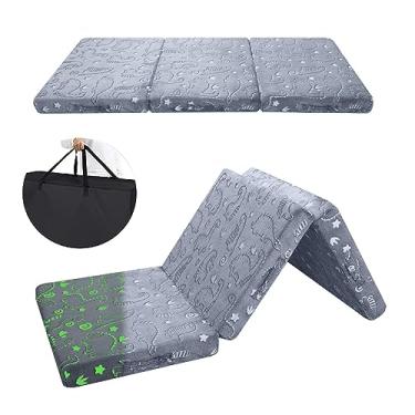 Imagem de MeMoreCool Colchão dobrável de dinossauro brilhante para crianças, tapete de cochilo com três dobras para crianças, futon portátil para dormir ou cama de chão, 150 x 66 cm