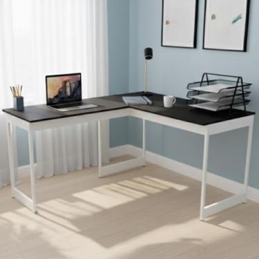 Imagem de Mesa Em L Estilo Industrial Escrivaninha De Canto Escritório Estudo (Preto Pés Brancos)
