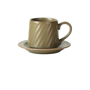 Imagem de Caneca de chá Caneca de cerâmica verde grande capacidade, retrô, latte, simples, europeia, café feito à mão, conjunto com pires Xícaras de café