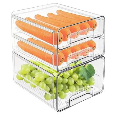 Imagem de YouLike 2 pacotes de gaveta organizadora de geladeira empilhável para cozinha caixas de armazenamento de alimentos transparentes recipientes de camada dupla com 1 pacote de suporte de ovo e 1 pacote de uma camada 5,4L protetor de congelador para cozinha