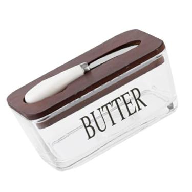 Imagem de Aqur2020 Prato de Manteiga de Vidro Transparente, Recipiente Hermético de Manteiga e Queijo de 500ml Com Cortador de Aço Inoxidável, Tampa Funciona como Tábua de Corte, Armazenamento de (Cor Madeira