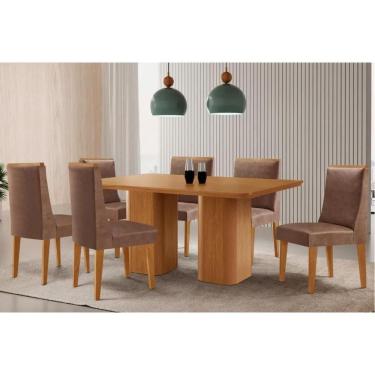 Imagem de Sala Jantar Mesa Maldivas Tampo Curvo 180cm+6 Cadeiras Dakota Madeira Naturale - Capuccino/Corano Capuccino - Rufato