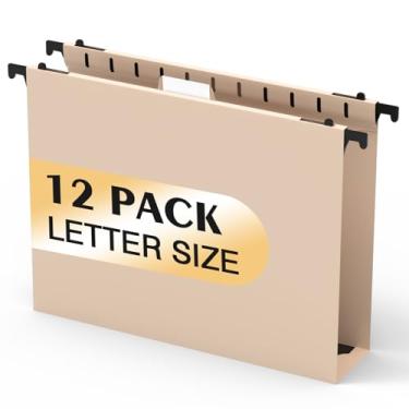 Imagem de Pastas de arquivo de plástico com capacidade extra, pacote com 12 pastas suspensas reforçadas, expansão de 5 cm, tamanho carta para arquivos em massa/gráficos médicos (bege claro)