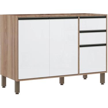 Imagem de Balcão Cozinha 120 Cm 2 Portas 3 Gavetas Branco Laca Mel Luciane Móveis