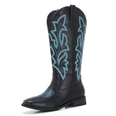 Imagem de Aizhenzm Botas de cowboy femininas plus size com panturrilha larga e largura larga – Botas de cowboy ocidentais com costura bordada turquesa, bico quadrado, design de puxar e salto baixo para conforto