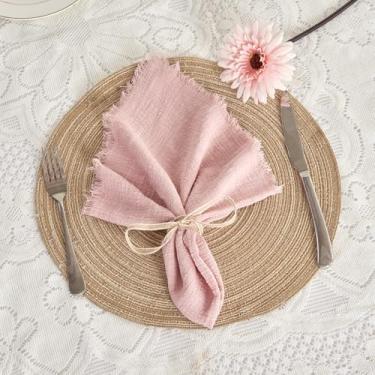 Imagem de BALCONY & FALCON Guardanapos de pano 100% algodão com franjas feitos à mão quadrados estilo rústico guardanapos laváveis pacote com 6 guardanapos rosa 50,8 x 50,8 cm para Páscoa, Ação de Graças, Natal