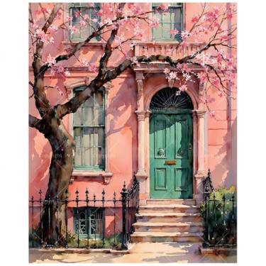 Imagem de Kit de pintura de arquitetura por números para adultos - DIY pintura de casa rosa e flor de cerejeira em tela 40,6 x 50 cm, conjunto de tinta acrílica, adequado para iniciantes, arte para decoração de