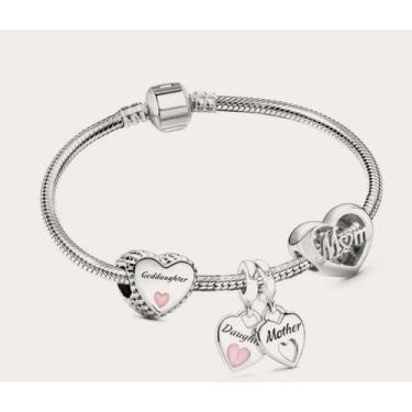 Imagem de Pulseira com Berloques Prateado. Coração Rosa. Mãe - JMH Sets, 22 cm