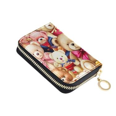 Imagem de Carteira minimalista feminina de couro protetor de cartão de crédito com bloqueio RFID adoráveis ursinhos de pelúcia coloridos bolsa de moedas com zíper