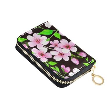 Imagem de Carteira minimalista feminina com zíper e bloqueio de RFID, carteira de cartão de crédito rosa flores de cerejeira preta para viagem com bolso para moedas