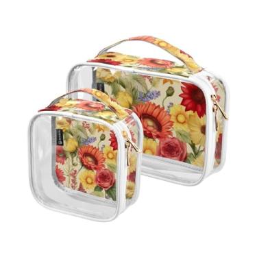 Imagem de Papel de parede floral em preto com aquarela sacos de viagem de plástico transparente com zíper, bolsa de maquiagem para meninas, pacote com 2, 3D com flores em bege - 4, one size