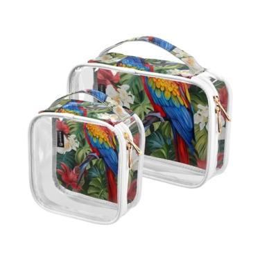 Imagem de GAIGEO Bolsa transparente de viagem tropical com folhas de palmeira azul, bolsa de maquiagem com zíper, bolsas de acessórios de viagem, pacote com 2, Papagaio colorido - 2 e flores, one size