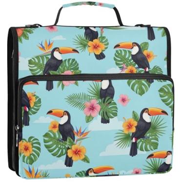 Imagem de Organizador de fichário colorido tucanos com zíper e folhas tropicais, 3 argolas de 3,8 cm, bolsa escolar com alça de ombro, suporte para 500 folhas, 34,5 x 31,5 x 9 cm