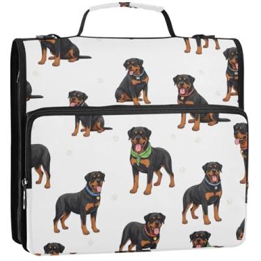 Imagem de Organizador de fichário com zíper com estampa de cães Rottweiler fofos, 3 anéis, 3 anéis, fichários básicos com alça, bolsa de ensino médio, estojo portfólio com alça 34,5 x 31,5 x 9 cm