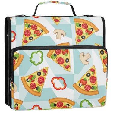 Imagem de Organizador de fichário colorido com estampa de pizza com zíper de 3,5 polegadas, fichários resistentes com alça, bolsa de ensino médio, portfólio e estojo, suporte de pasta de anel 34,5 x 31,5 x 9 cm