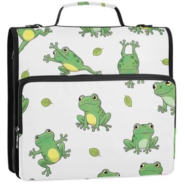 Imagem de Cute Frogs Folhas, Organizador de fichário branco com zíper, 3 argolas, 3 argolas, bolsa de fichário resistente para ensino médio com alça, vários bolsos, pasta grande, 34,5 x 31,5 x 9 cm