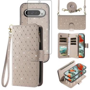 Imagem de Capa carteira compatível com Google Pixel 9 Pro XL com zíper celular protetor de tela de vidro temperado alça transversal com glitter flip porta-cartões capa para celular para Pixel9 9Pro 9ProXL nove