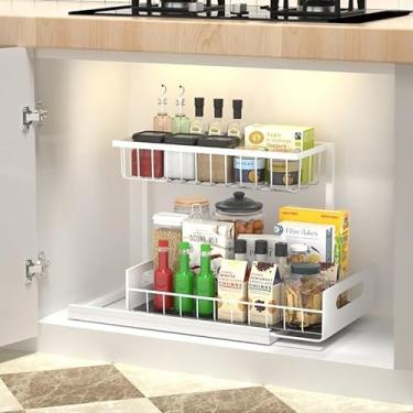 Imagem de VAN-PAP Organizador moderno de 2 camadas sob a pia – elegante rack de armazenamento de metal deslizante para armário de cozinha, banheiro e itens essenciais de casa (branco)