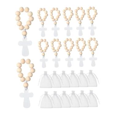 Imagem de Ｂｅｓｇａ Crucifixo de madeira com terço, pingente de crucifixo religioso, lembrança de oração com bolsa para decoração de mesa de festa infantil, 12 Rosários 12 Bolsas