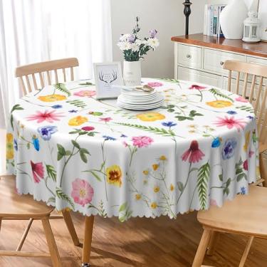 Imagem de SIEDYCV Toalha de mesa colorida floral redonda 152 cm primavera margarida folha de inseto tecido toalha de mesa lavável resistente a vincos capa de mesa de jardim para casa de campo, fazenda