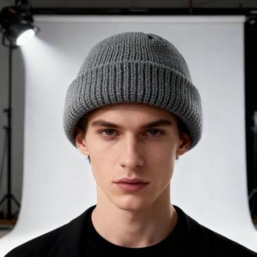 Imagem de 1 boné masculino em forma de melão, chapéu de malha outono e inverno, lã estudantil, gorro feminino quente sem aba, Azul e cinza, M