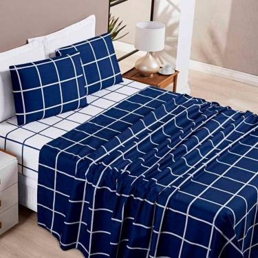 Imagem de Jogo De Lençol Minimalista Queen 4 Peças Percal 200 Fios Quadriculado-Azul Marinho - 100% Poliéster