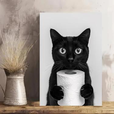 Imagem de Rolo de papel higiênico de gato preto segurando arte de parede em tela rústica vintage - Pôster sem moldura de 30 x 45 cm - Ideia de presente para decoração de casa e escritório para sala de estar