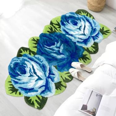 Imagem de USTIDE Tapete rosa feito à mão tapetes florais para quarto de meninas tapetes laváveis antiderrapante rosa tapete de lavanderia 5 m x 10 m, azul