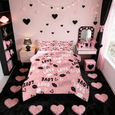 Imagem de Erosebridal Conjunto de edredom rosa, tamanho casal, preto e branco, coração, coração, romântico, dia dos namorados, moderno, fofo, edredom
