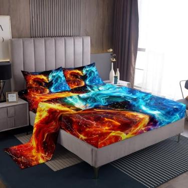 Imagem de Feelyou Jogo de lençol King com dragão dragão de fogo no gelo para crianças, meninos e meninas, adolescentes, dragão misterioso, galáxia mágica, 4 peças, 1 lençol com elástico + 2 fronhas + 1 lençol
