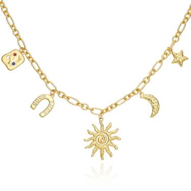 Imagem de Cicy Bell Colar feminino banhado a ouro 18K com cinco pingentes de diamante, amor, coração, sol, dia dos namorados, casamento, pingentes da sorte, presente de 50 cm, 50CM, Latão, Zircônia cúbica