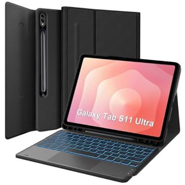 Imagem de Capa de teclado Trackpad para Galaxy Tab S11 Ultra 2025 de 14,6 polegadas com suporte para S-Pen, retroiluminação de 7 cores, capa de couro magnética removível para teclado sem fio com suporte para