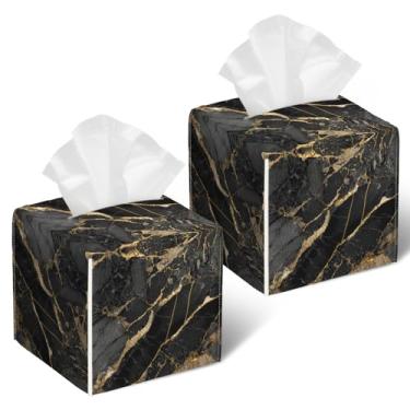 Imagem de Capa de caixa de lenços de papel em mármore dourado preto, 2 peças, suporte de caixa de lenços de papel facial quadrada para banheiro, quarto, mesa, escritório