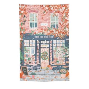 Imagem de Tapeçaria de fachada de livraria de primavera, tapeçaria de parede floral rosa de tinta a óleo, decoração sazonal aconchegante para sala de estar, quarto, decoração de arte de natureza quente 152 x