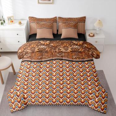 Imagem de Erosebridal Conjunto de edredom queen com flores florais, marrom asteca, azul, 7 peças | Conjunto de cama étnica boêmia em uma bolsa, estampa boêmia, vintage, para adultos