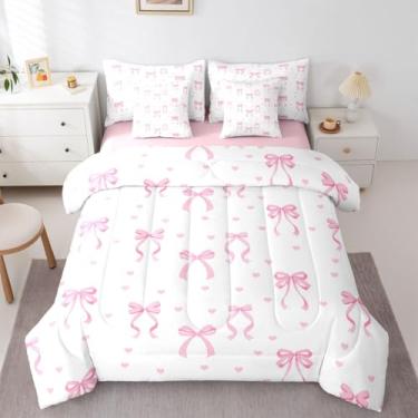 Imagem de Erosebridal Conjunto de edredom solteiro com laço rosa fofo, 7 peças, cama de nó de fita em uma bolsa, conjunto de cama feminino com laços rosa e edredom, lençóis, fronhas, laço de princesa, decoração