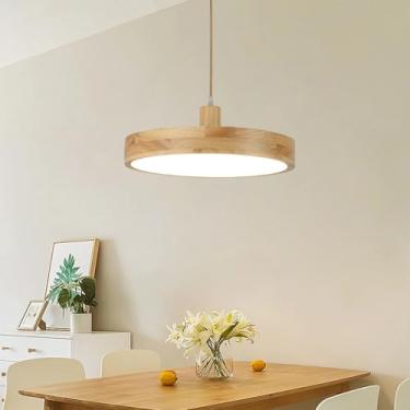 Imagem de Lustre de LED com acabamento em madeira, dimerizável, controle remoto, formato circular, moderno, ideal para mesa de jantar, sala de estar, bar, escritório e cozinha. Cúpula branca com altur