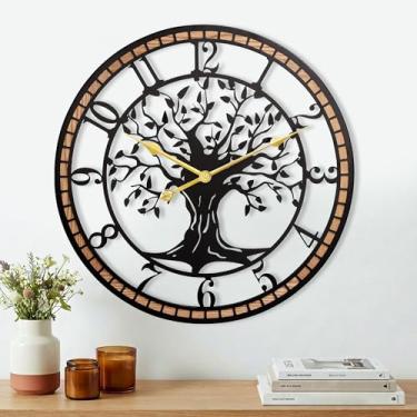Imagem de Axioglo Relógio de parede, relógio de parede grande de 61 cm para decoração de sala de estar, árvore da vida e design de moldura de madeira, funciona com bateria sem tique-taque, para sala de jantar