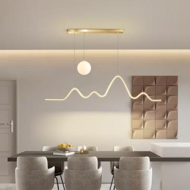 Imagem de Luminária pendente de mesa de jantar LED com controle remoto - Lustre moderno de design linear e intensidade regulável para sala de jantar, escritório e sala de estar (Dourado)