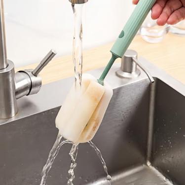 Imagem de Escova de esponja de cabo longo com cabeça removível - Escova de limpeza de copo fácil de usar para canecas e copos isolados