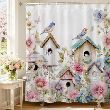 Imagem de Mocsicka Cortina de chuveiro de pássaros, cortinas de chuveiro de flores para banheiro, casa de pássaro, decoração de banheiro, estética, cortina impermeável para banheira, lavável (branca, 180 x 180