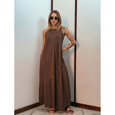 Imagem de Vestido Longo Feminino Soltinho malha algodão Aveloz Marrom Escuro